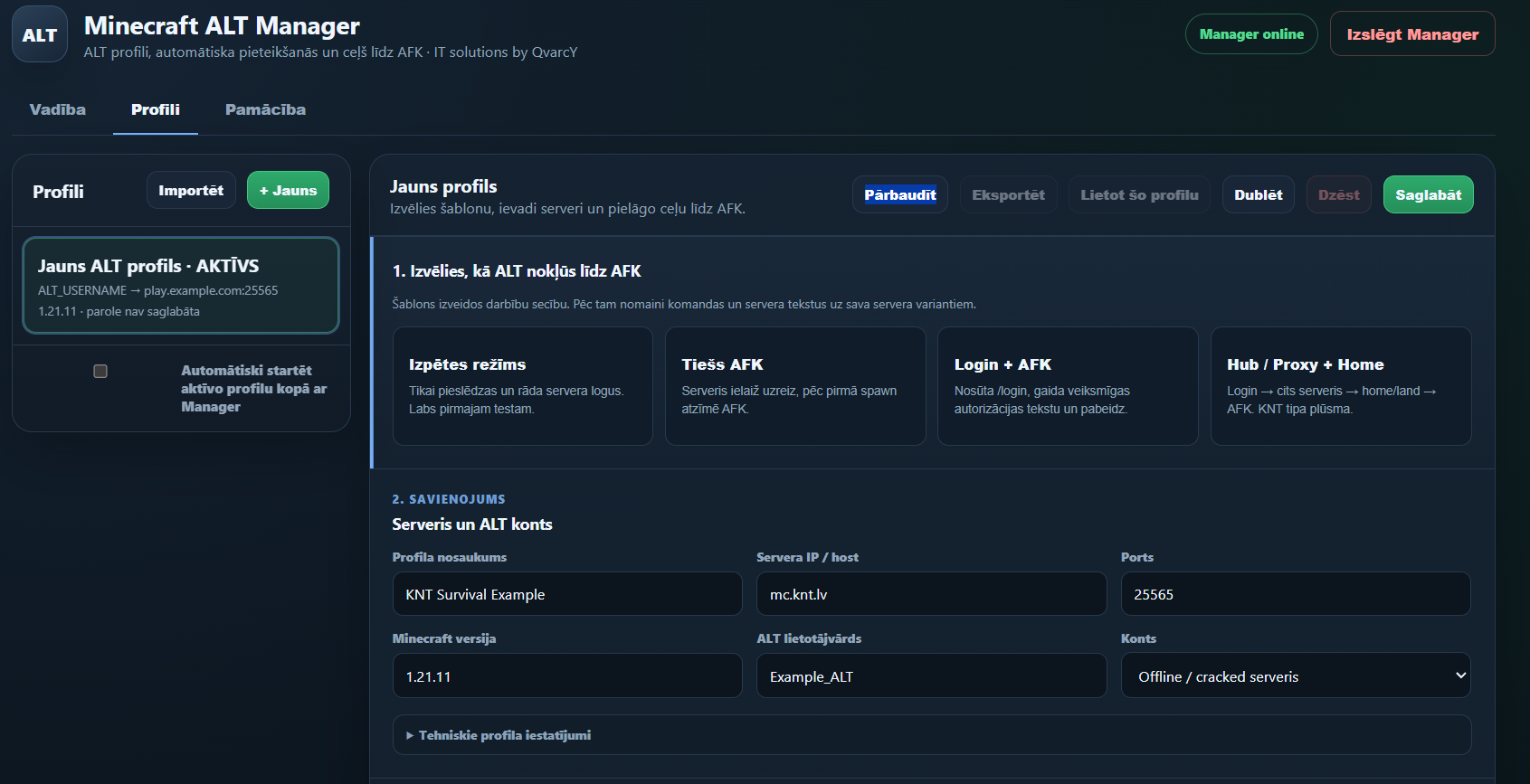 Minecraft ALT Manager profile configuration